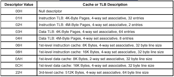 Encoding of Cache and TLB Descriptors