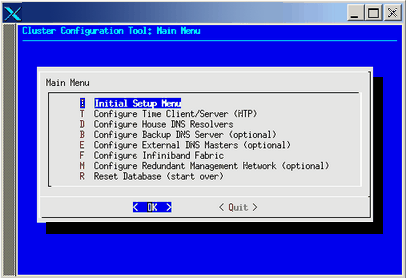 Cluster Configuration Tool: Main Menu Screen
