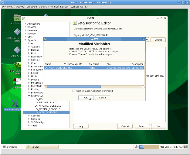 YAST 2 /etc/sysconfig Editor Modified Variables
Screen