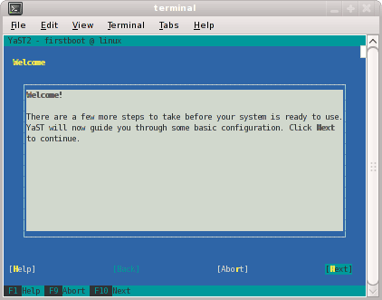 YaST2 - firstboot@Linux Welcome Screen
