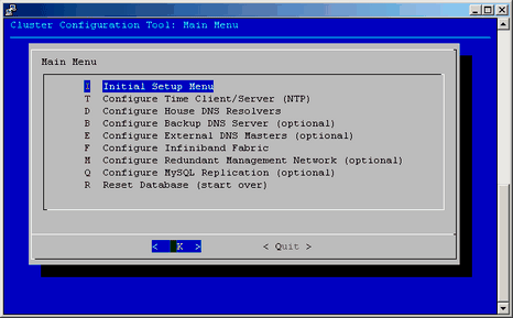 Cluster Configuration Tool: Main Menu Screen
