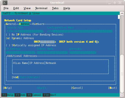 Network Card Setup Screen