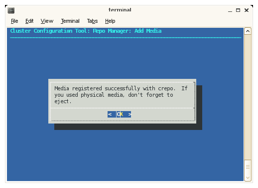 Cluster Configuration Tool: Repo Manager: Add Media 
 Screen Four