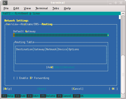 Network Settings Routing Screen